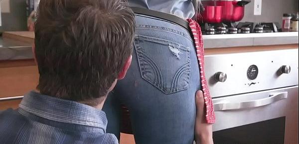  Horny stepson rips Melissas jeans open and fucks her pussy